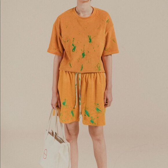 WOODROSE Deli vintage mustard oversized tee with raw edges & raglan sleeves SZ S - Picture 3 of 12